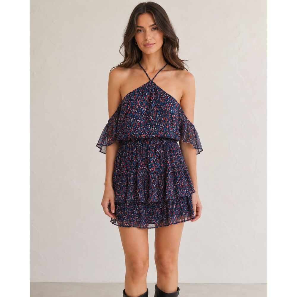 PAIGE 100% Silk Darya Floral Ruffle Mini Dress Women’s Small Strappy Tiered Navy